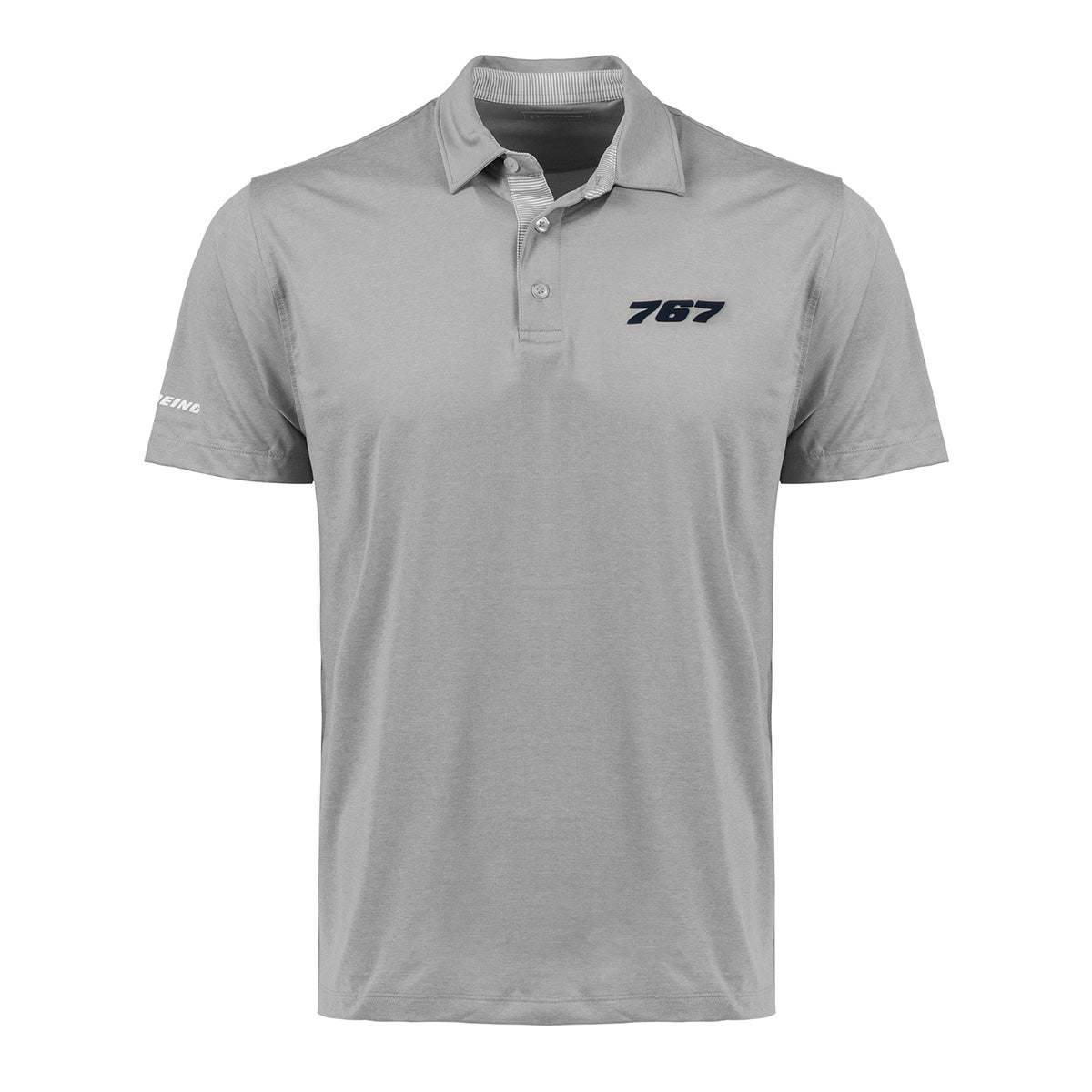The Boeing 767 Series Men’s Polo by BOEING features a light gray color and a classic three-button collar. A dark blue “767” is printed on the left chest, while the word “Boeing” appears on the left sleeve. Made from moisture-wicking fabric for all-day comfort, this shirt is shown on a plain white background.