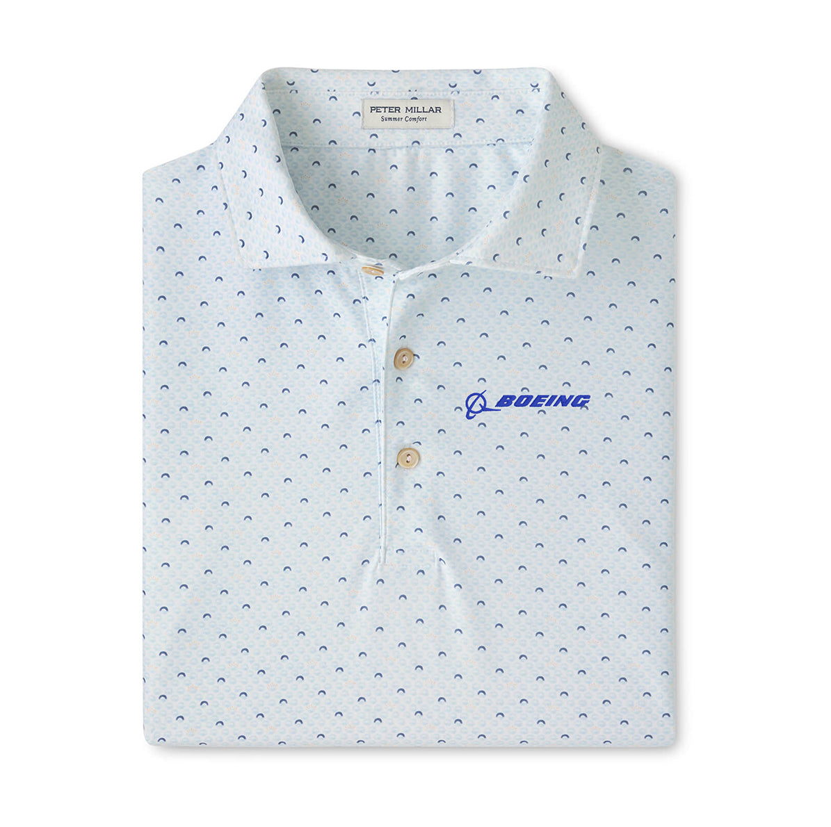 The Peter Millar Boeing Men’s Morning Sky Jersey Polo by BOEING features a light blue collared design with a subtle repeating pattern, three-button placket, and the Boeing logo embroidered in blue on the left chest. Made with moisture-wicking fabric and UPF 50+ sun protection, this polo ensures all-day comfort.
