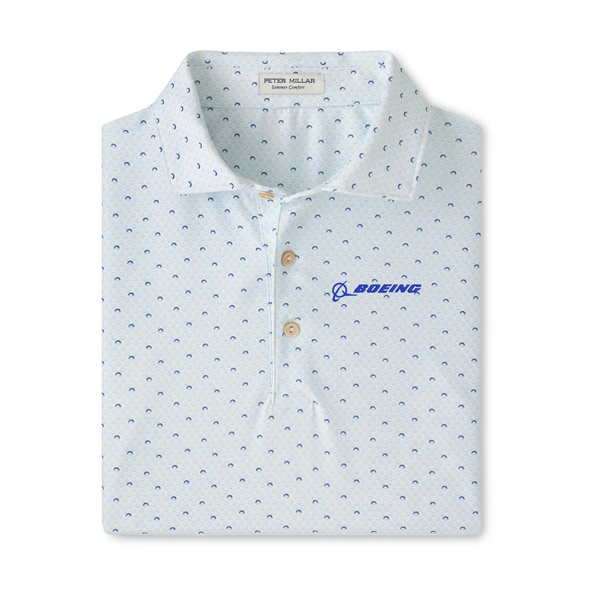 The Peter Millar Boeing Men’s Morning Sky Jersey Polo by BOEING features a light blue collared design with a subtle repeating pattern, three-button placket, and the Boeing logo embroidered in blue on the left chest. Made with moisture-wicking fabric and UPF 50+ sun protection, this polo ensures all-day comfort.