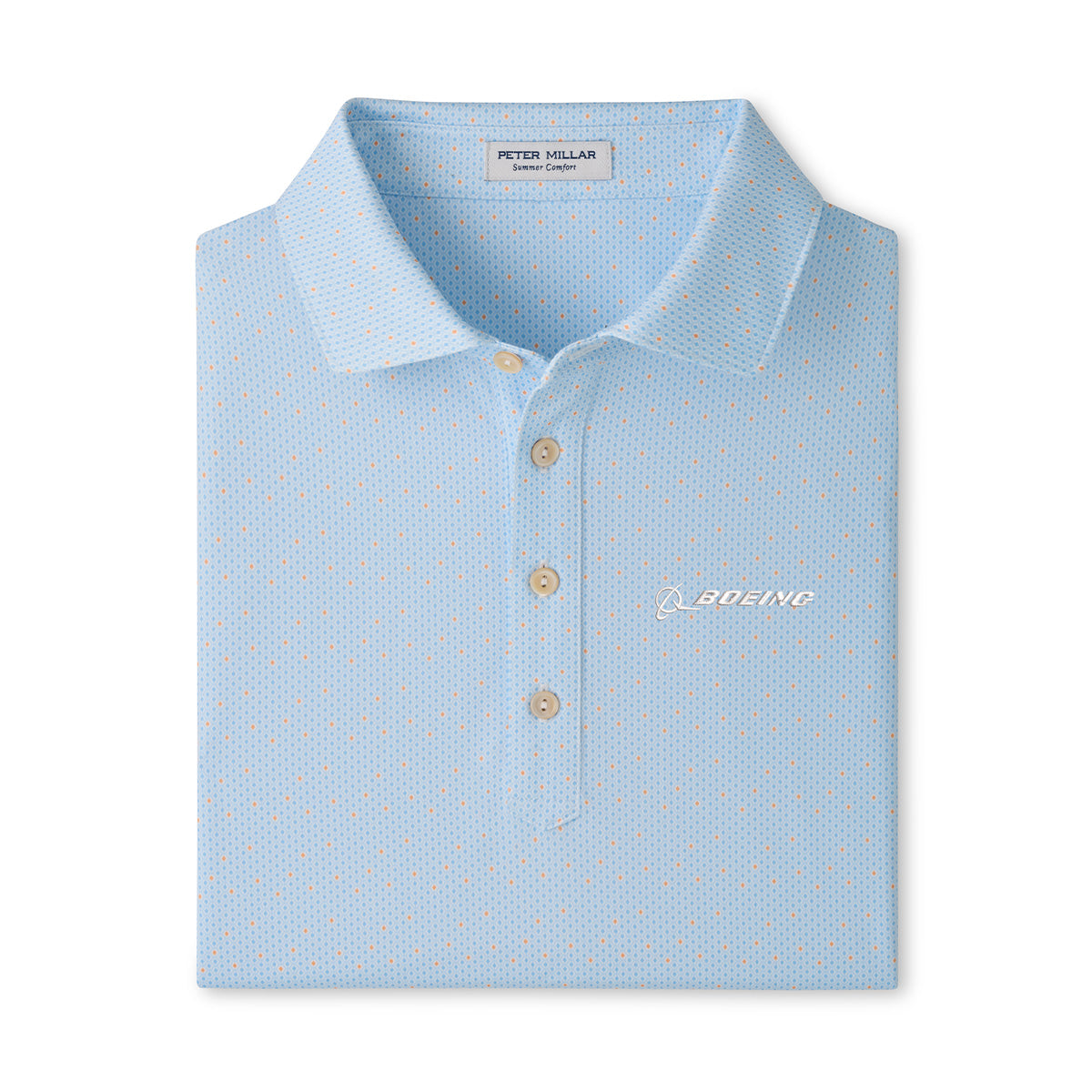 The Boeing Men’s Bartlett Performance Polo by Peter Millar is a light blue shirt adorned with small tan dots. It features three beige buttons and the Boeing logo embroidered in white on the left chest, with the Peter Millar brand label visible inside the collar. This polo offers UPF 50+ sun protection and moisture-wicking technology for all-day comfort.