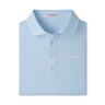 The Boeing Men’s Bartlett Performance Polo by Peter Millar is a light blue shirt adorned with small tan dots. It features three beige buttons and the Boeing logo embroidered in white on the left chest, with the Peter Millar brand label visible inside the collar. This polo offers UPF 50+ sun protection and moisture-wicking technology for all-day comfort.