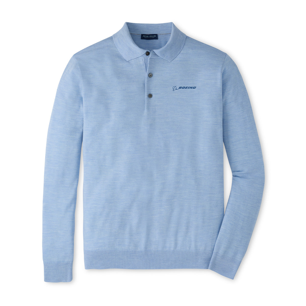 Peter Millar Boeing Men’s Dorset Sweater Polo in light blue Merino wool, featuring long sleeves, a collar with three buttons, and the BOEING logo embroidered on the left chest. The shirt is neatly laid flat on a white background.