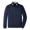 The Peter Millar Boeing Men’s Crown Comfort Knit Quarter-Zip by BOEING is a navy blue pullover featuring a small embroidered Boeing logo on the left chest. Inspired by the coastal layer, this lightweight sweatshirt offers long sleeves, a simple, clean design, and a collar interior in contrasting light gray.