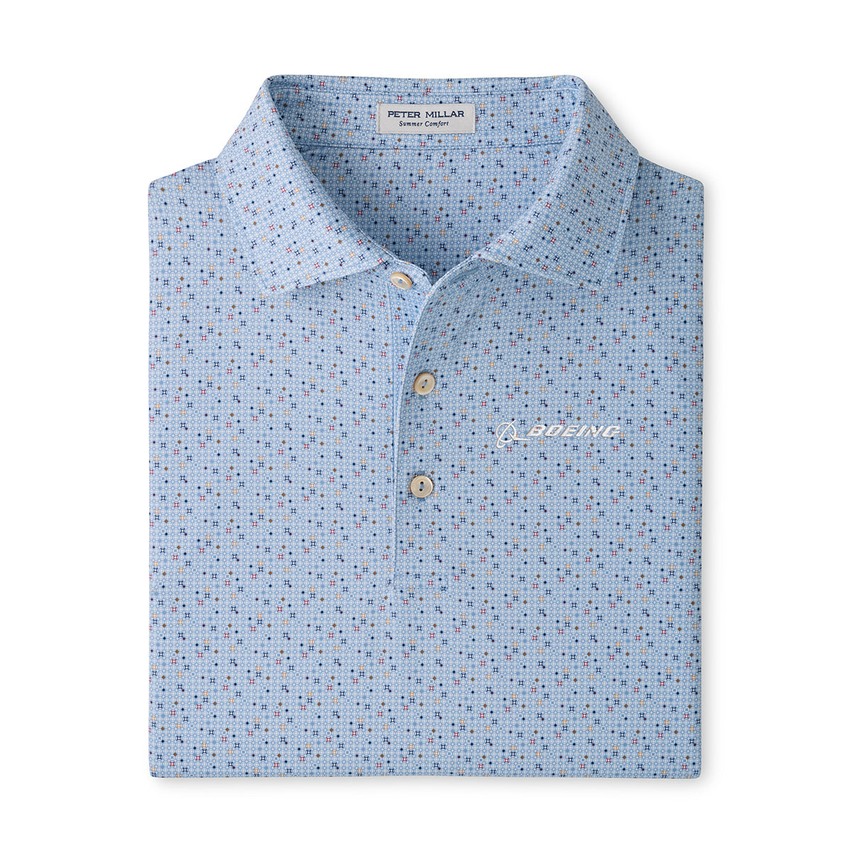 The Peter Millar Boeing Men’s Rivington Performance Jersey Polo features a neatly folded light blue design with a subtle geometric pattern, the Boeing logo embroidered in white on the left chest, and is crafted from moisture-wicking fabric with UPF 50+ protection for all-day comfort.