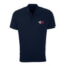 Introducing the Boeing VC-25B Men’s Performance Polo by BOEING: a navy blue polo shirt featuring “AIR FORCE ONE VC-25B” and a red plus sign embroidered on the left chest, made from breathable stretch fabric for exceptional comfort and moisture-wicking performance.