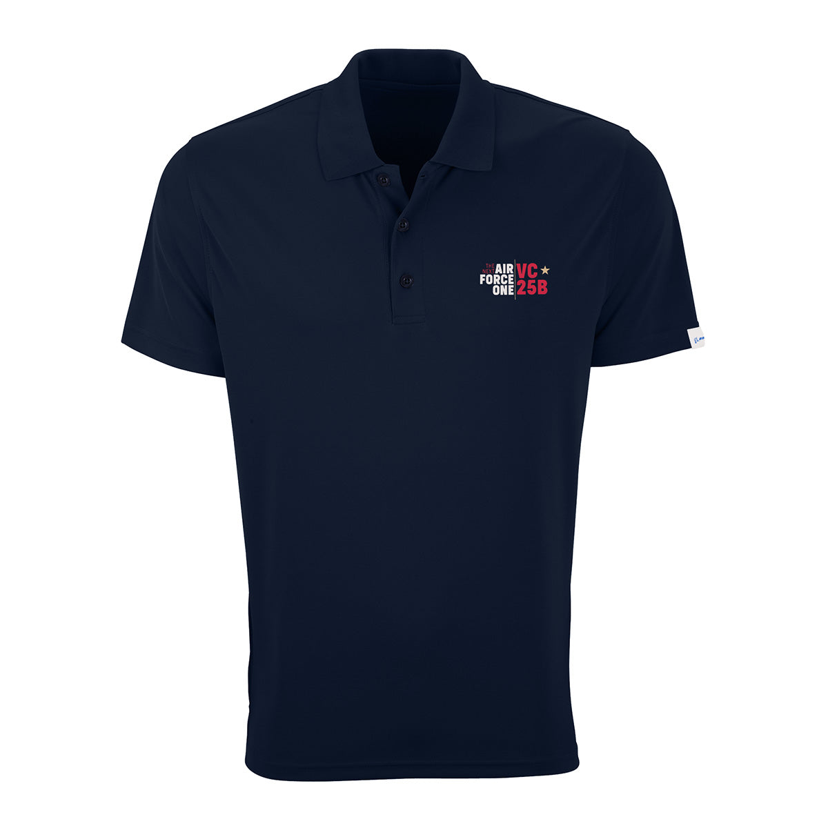 Introducing the Boeing VC-25B Men’s Performance Polo by BOEING: a navy blue polo shirt featuring “AIR FORCE ONE VC-25B” and a red plus sign embroidered on the left chest, made from breathable stretch fabric for exceptional comfort and moisture-wicking performance.