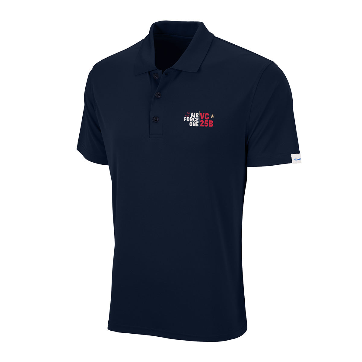 BOEING VC-25B Men’s Performance Polo in navy blue, featuring a collared design with three buttons. The left chest showcases red and white embroidered AIR FORCE ONE VC 25B text, while a small white tag accents the left sleeve. Crafted from breathable stretch fabric, this shirt ensures all-day comfort.
