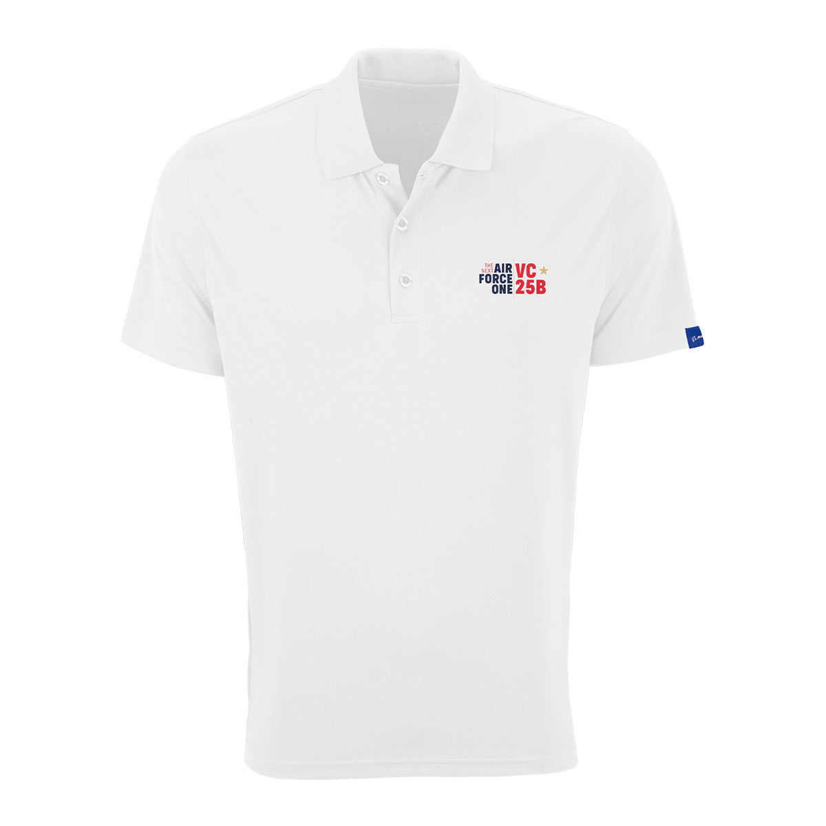 Introducing the Boeing VC-25B Men’s Performance Polo by BOEING—a white polo shirt featuring a classic collar and buttons, with "AIR FORCE ONE VC-25B" embroidered in blue and red on the left chest, plus a small blue tag on the left sleeve. Crafted from breathable stretch fabric for comfort and ease of movement, this versatile shirt is perfect for any occasion.