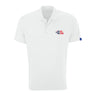 Introducing the Boeing VC-25B Men’s Performance Polo by BOEING—a white polo shirt featuring a classic collar and buttons, with "AIR FORCE ONE VC-25B" embroidered in blue and red on the left chest, plus a small blue tag on the left sleeve. Crafted from breathable stretch fabric for comfort and ease of movement, this versatile shirt is perfect for any occasion.