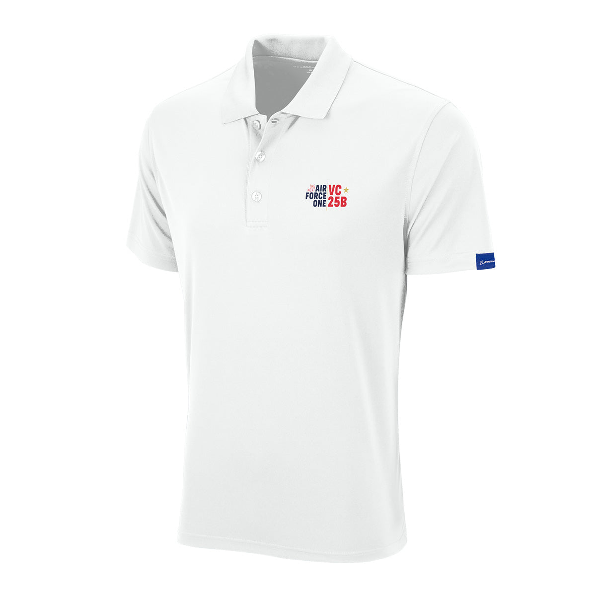 Introducing the BOEING VC-25B Men’s Performance Polo—a white polo shirt featuring a subtle AIR FORCE ONE VC-25B logo in red and blue on the left chest and a small blue tag on the left sleeve. Made from breathable, moisture-wicking stretch fabric, this polo offers a classic collar and three-button placket for all-day comfort and timeless style.