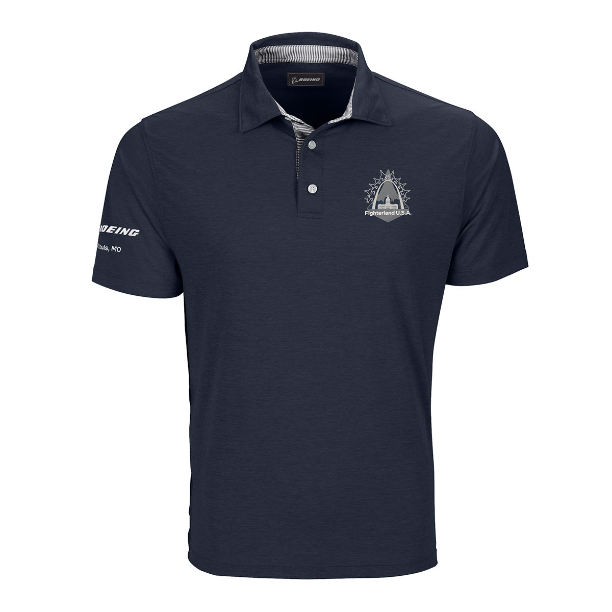 The Boeing St. Louis Fighterland Men’s Polo by BOEING features a classic collar with three buttons, a navy blue color, a Boeing logo on the left chest, and white text on the right sleeve.
