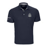 The Boeing St. Louis Fighterland Men’s Polo by BOEING features a classic collar with three buttons, a navy blue color, a Boeing logo on the left chest, and white text on the right sleeve.