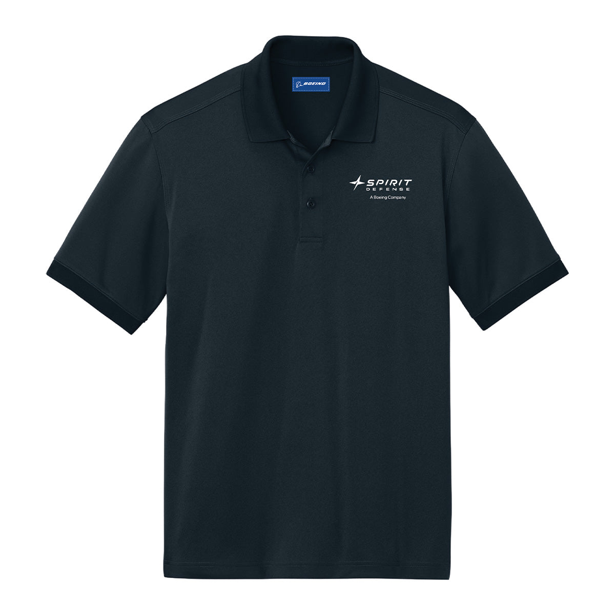 Introducing the Boeing Spirit Defense Men’s Polo by BOEING—a black, short-sleeve performance shirt featuring a collared neckline and button placket. The left chest displays the white Spirit, a Boeing Company logo, symbolizing Boeing Spirit Defense. Engineered with moisture-wicking fabric, this polo offers a simple yet professional design ideal for everyday wear.