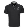 Introducing the Boeing Phantom Works Men’s Pro Polo by BOEING—a black short-sleeve polo shirt with buttons and a collar, featuring the iconic white Phantom Works logo and emblem on the left chest to highlight aerospace innovation, plus a small Boeing tag on the left sleeve.