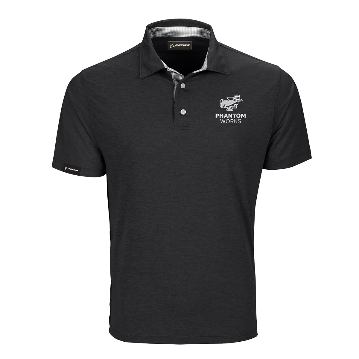 Introducing the Boeing Phantom Works Men’s Pro Polo by BOEING—a black short-sleeve polo shirt with buttons and a collar, featuring the iconic white Phantom Works logo and emblem on the left chest to highlight aerospace innovation, plus a small Boeing tag on the left sleeve.
