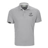 Introducing the Boeing Phantom Works Men’s Pro Polo by BOEING—a light gray, short-sleeve collared shirt featuring a buttoned front and the PHANTOM WORKS text and logo on the left chest, representing aerospace innovation. A small black tag accents the left sleeve.
