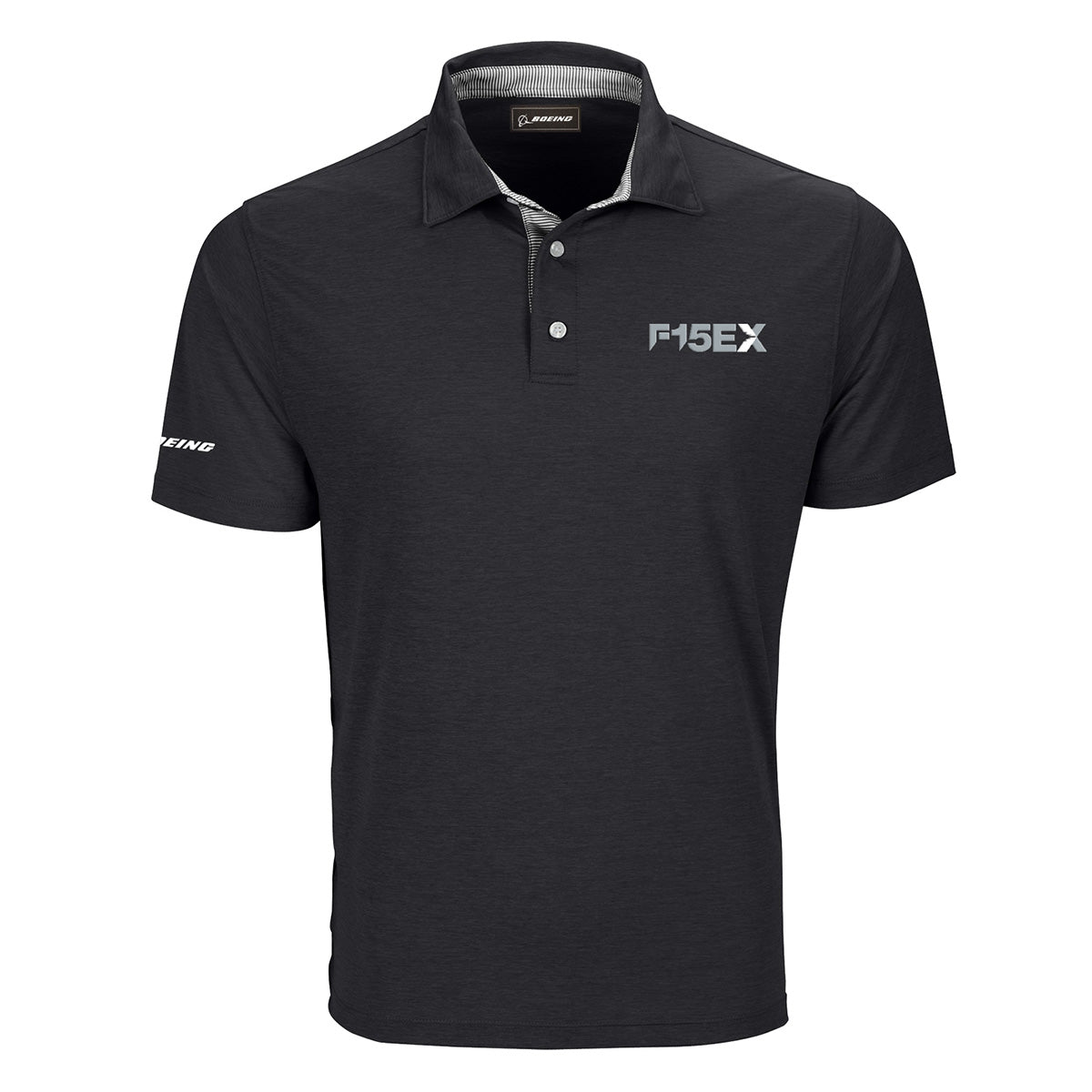 Black moisture-wicking short-sleeved Boeing F-15EX Eagle Series Men’s Polo with text on the right sleeve.