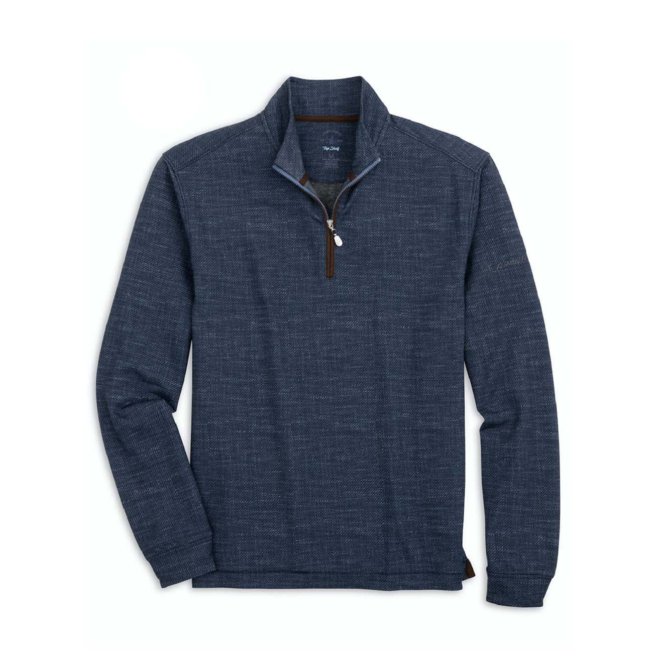 The johnnie-O Boeing Mens Hartford Quarter-Zip from The Boeing Store features a blue long-sleeve pullover, quarter-zip front, high collar, textured fabric, and a small sleeve logo. Note: This clearance item is final sale; no returns or exchanges allowed.