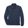 The johnnie-O Boeing Mens Hartford Quarter-Zip from The Boeing Store features a blue long-sleeve pullover, quarter-zip front, high collar, textured fabric, and a small sleeve logo. Note: This clearance item is final sale; no returns or exchanges allowed.