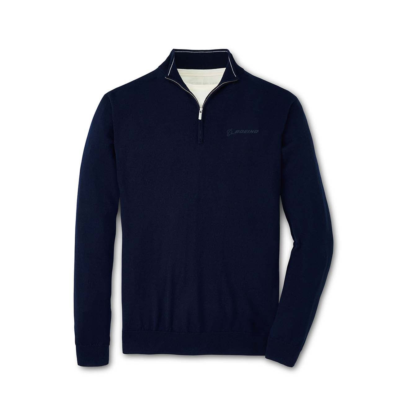 The Boeing Stores Peter Millar Mens Autumn Crest Quarter-Zip in dark navy features luxurious Merino wool, a center quarter zip, ribbed cuffs, and a discreet embroidered Boeing logo on the chest. It has a folded collar with contrasting interior lining for added style.