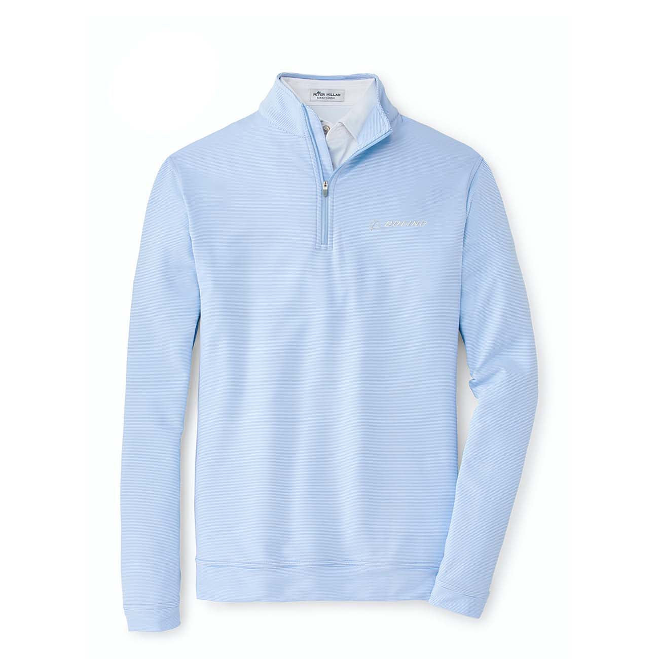 The Boeing Store Peter Millar Mens Perth Sugar Stripe Performance Quarter-Zip in light blue features a stand-up collar, long sleeves, and embroidered branding on the left chest. Shown on a white background. Clearance item—no returns accepted.