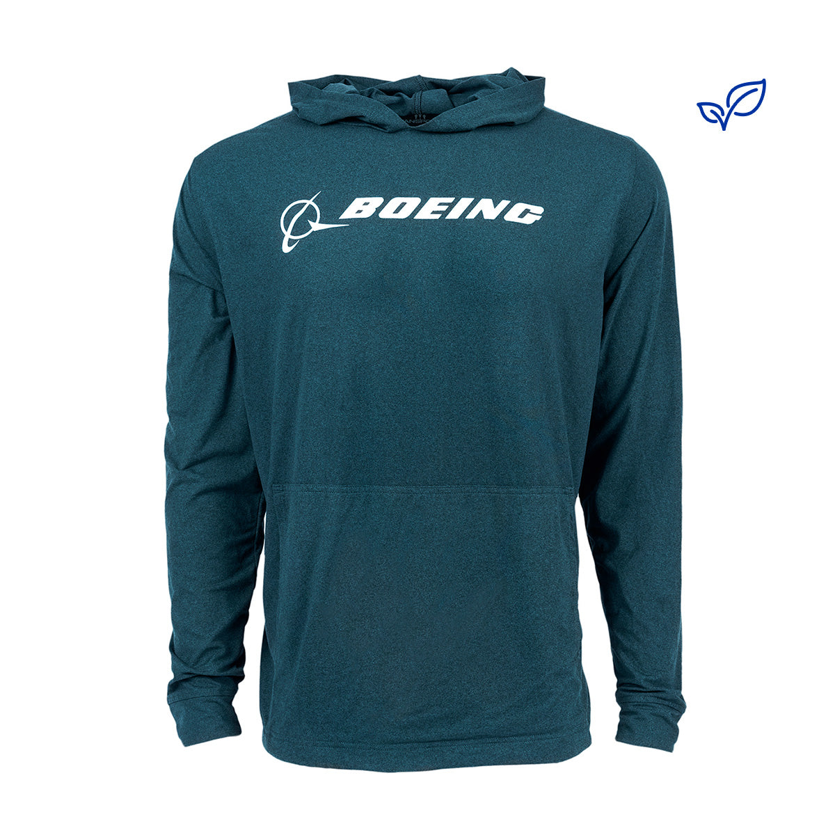The Boeing Mens Trek Hoodie from The Boeing Store is a teal, sustainable hoodie with the BOEING logo in white on the chest. It features long sleeves, a front pocket, and a small blue leaf icon atop the right corner to showcase its eco-friendly design.