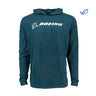 The Boeing Mens Trek Hoodie from The Boeing Store is a teal, sustainable hoodie with the BOEING logo in white on the chest. It features long sleeves, a front pocket, and a small blue leaf icon atop the right corner to showcase its eco-friendly design.