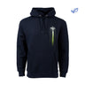 The Boeing Stores Boeing P-51 Mustang Heritage Unisex Hoodie is a sustainable hoodie made from recycled polyester, featuring a black design with green and white graphic on the left chest, front pocket, matching drawstrings, and a blue leaf logo in the top right corner.