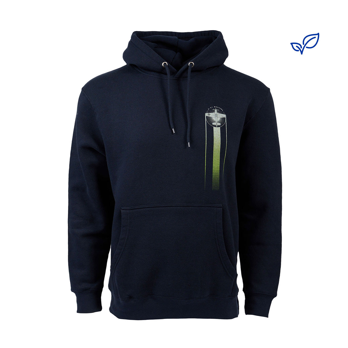 The Boeing Stores Boeing P-51 Mustang Heritage Unisex Hoodie is a sustainable hoodie made from recycled polyester, featuring a black design with green and white graphic on the left chest, front pocket, matching drawstrings, and a blue leaf logo in the top right corner.