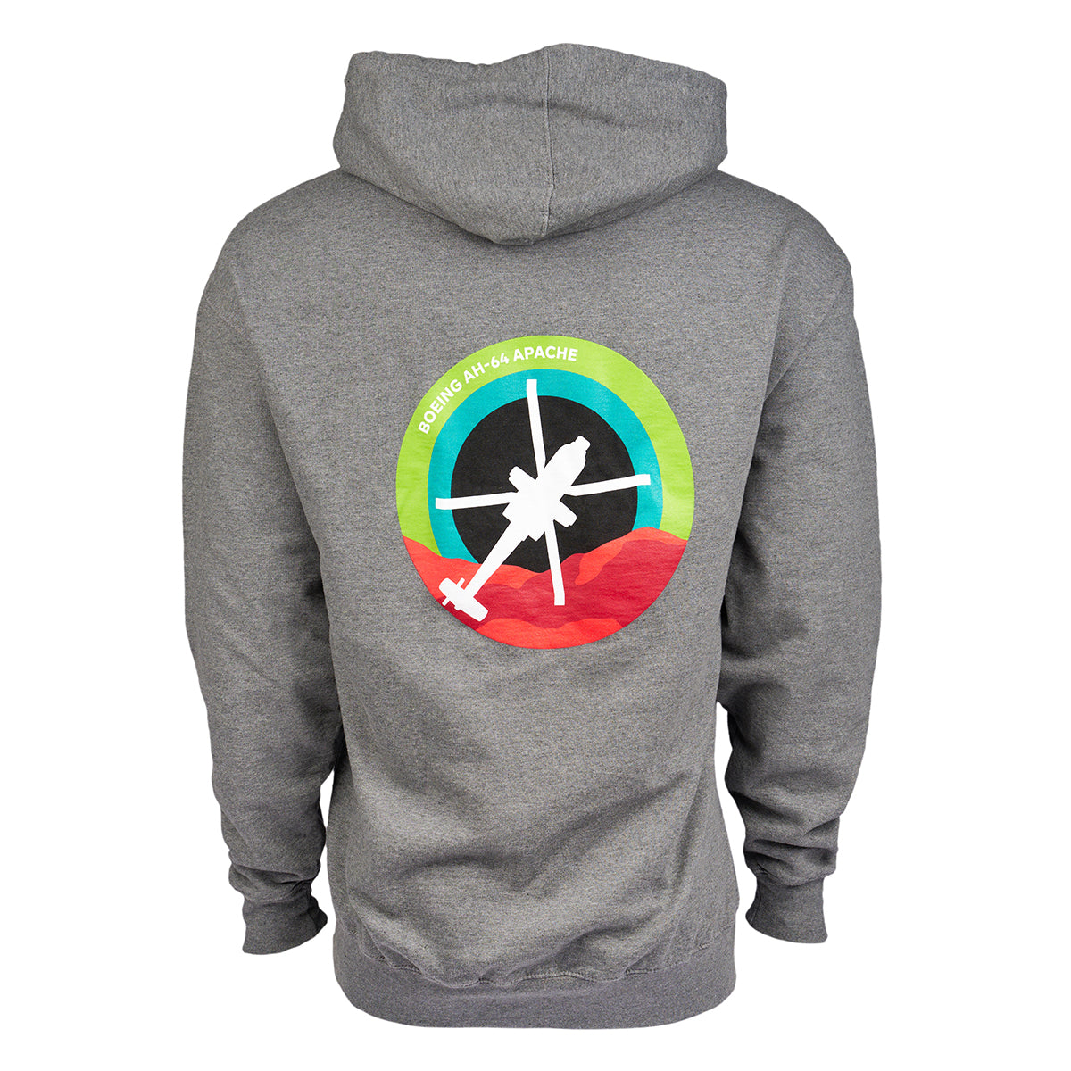 The Boeing AH-64 Apache Skyward Unisex Full-Zip Hoodie by Boeing features a gray design with a circular silhouette of the AH-64 Apache helicopter on the back, set against a vibrant multicolored background.