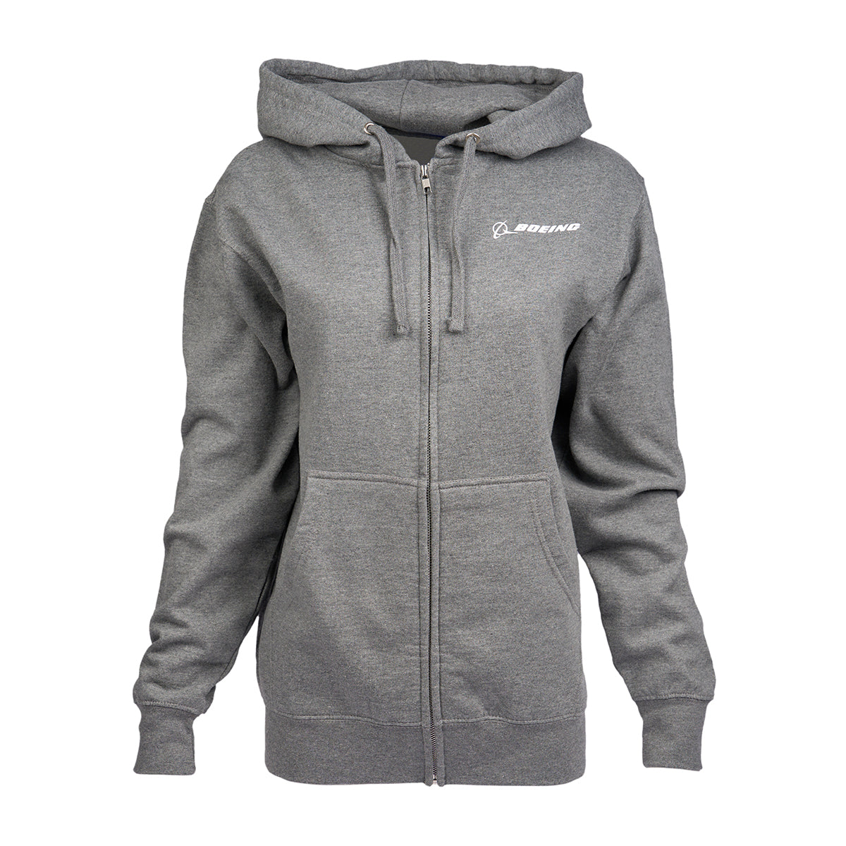 The Boeing AH-64 Apache Skyward Unisex Full-Zip Hoodie features a gray color with two pockets, front zipper, and adjustable drawstrings. The iconic roundel-inspired Boeing logo is printed on the left chest, ideal for aviation enthusiasts and casual style lovers.