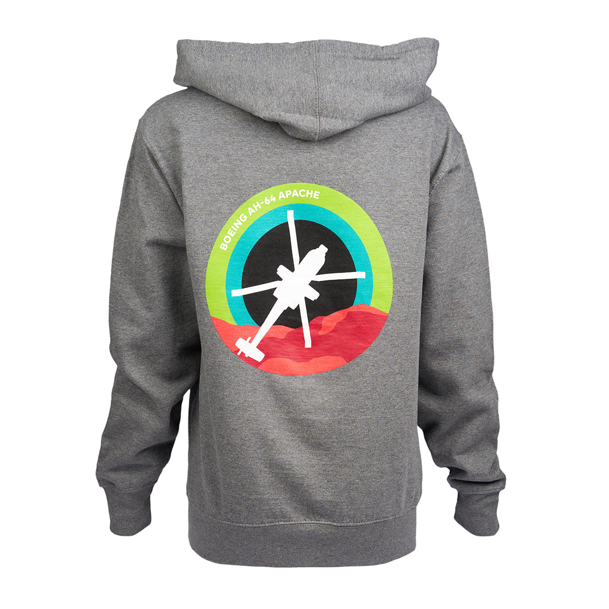 The Boeing AH-64 Apache Skyward Unisex Full-Zip Hoodie in gray showcases a vibrant roundel design on the back, featuring a helicopter silhouette and text proudly reading Boeing AH-64 Apache within dynamic green, blue, and red sections.