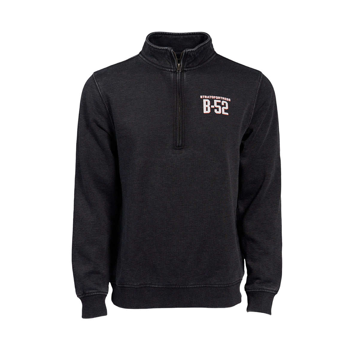 The Boeing B-52 Mens Quarter-Zip by Boeing is a relaxed-fit black sweatshirt with B-52 and Stratofortress printed in white on the left chest. Made from soft cotton/poly fleece, it offers comfort and honors the iconic aircraft.