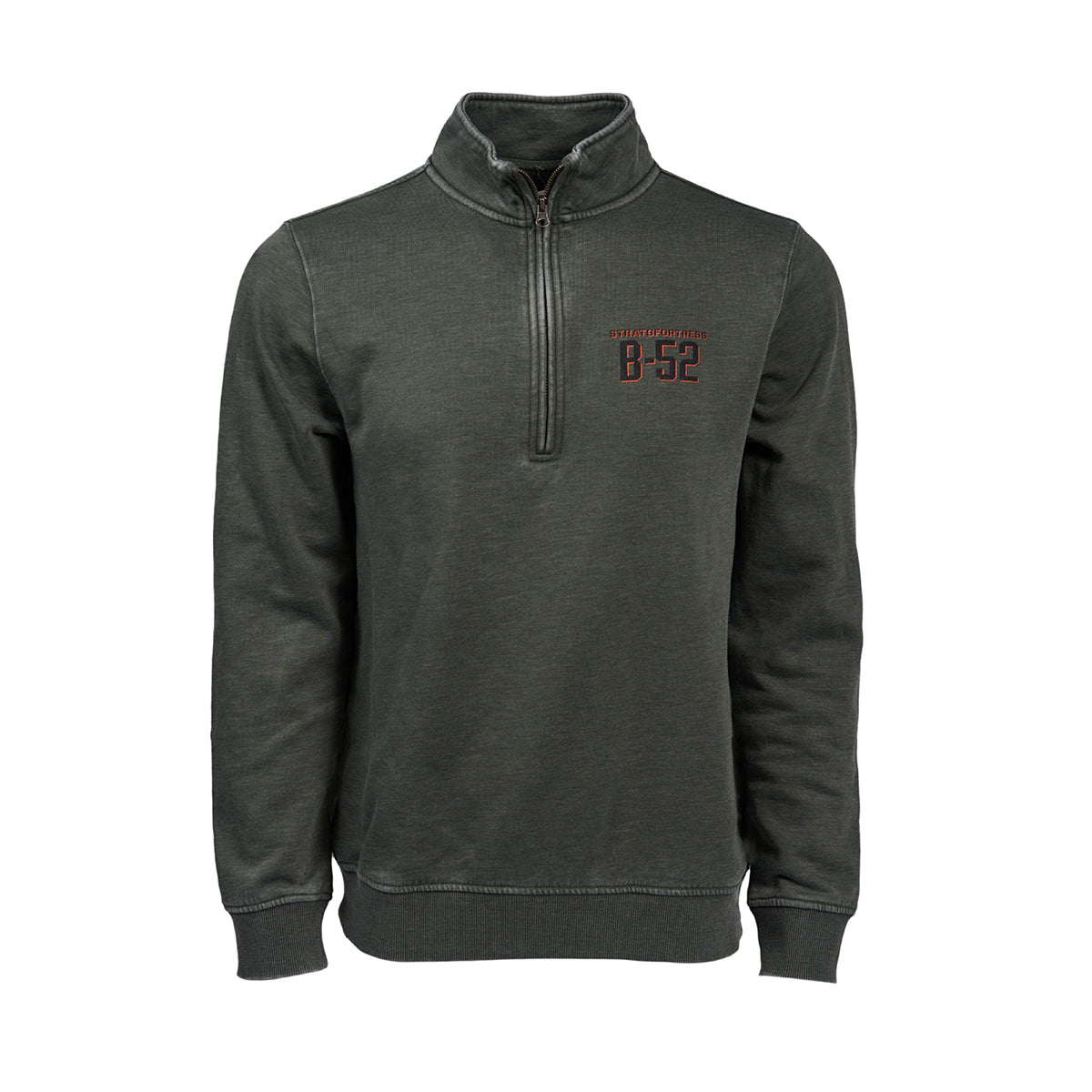 The Boeing B-52 Mens Quarter-Zip, in dark green cotton/poly fleece, features a stand-up collar and ribbed cuffs. It showcases B-52 in reddish-brown on the left chest and is styled in a relaxed fit on an invisible mannequin.