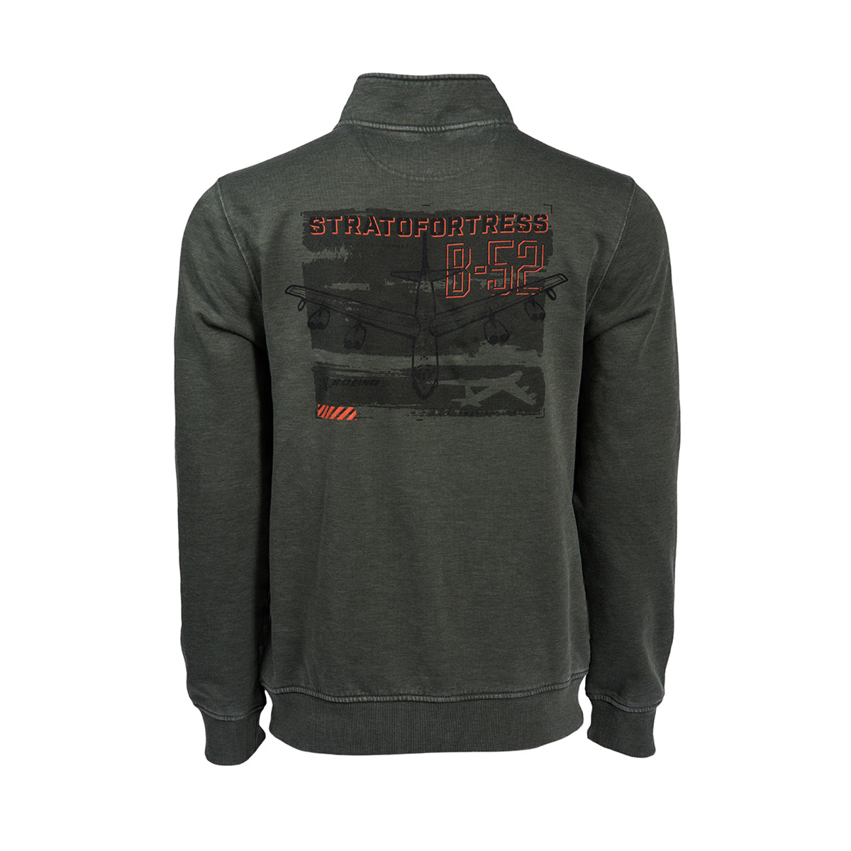 The Boeing B-52 Mens Quarter-Zip features a relaxed fit in a dark green cozy cotton/poly fleece. It displays a rear illustration of the B-52 Stratofortress, and text reads STRATOFORTRESS and B-52 in orange/gray. The high collar adds sleek style to this unique piece from Boeing.