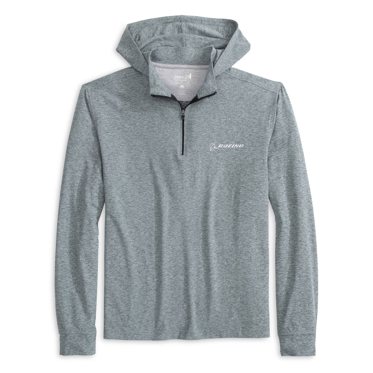 The johnnie-O Mens Slaton Quarter-Zip Hoodie by Boeing features a light gray color, long sleeves, and a white Boeing logo on the left chest. Its soft, lightweight, moisture-wicking fabric ensures comfort on and off the course.