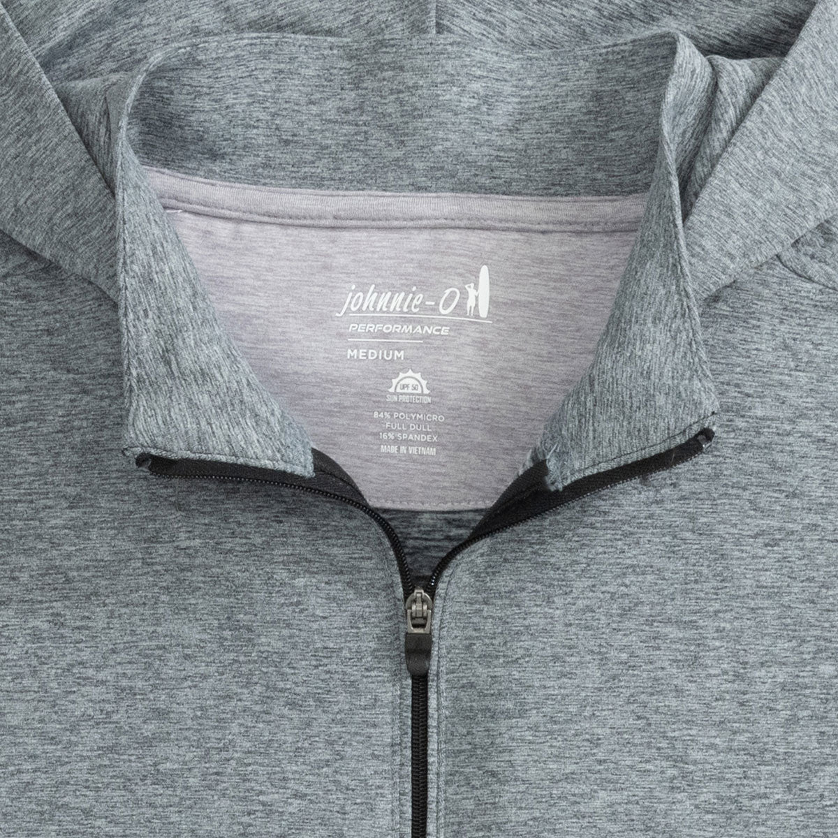 Close-up of a grey heather Boeing johnnie-O Mens Slaton Quarter-Zip Hoodie, partially unzipped to show the Performance label inside the collar; this medium hoodie is made with moisture-wicking polyester, rayon, and spandex.
