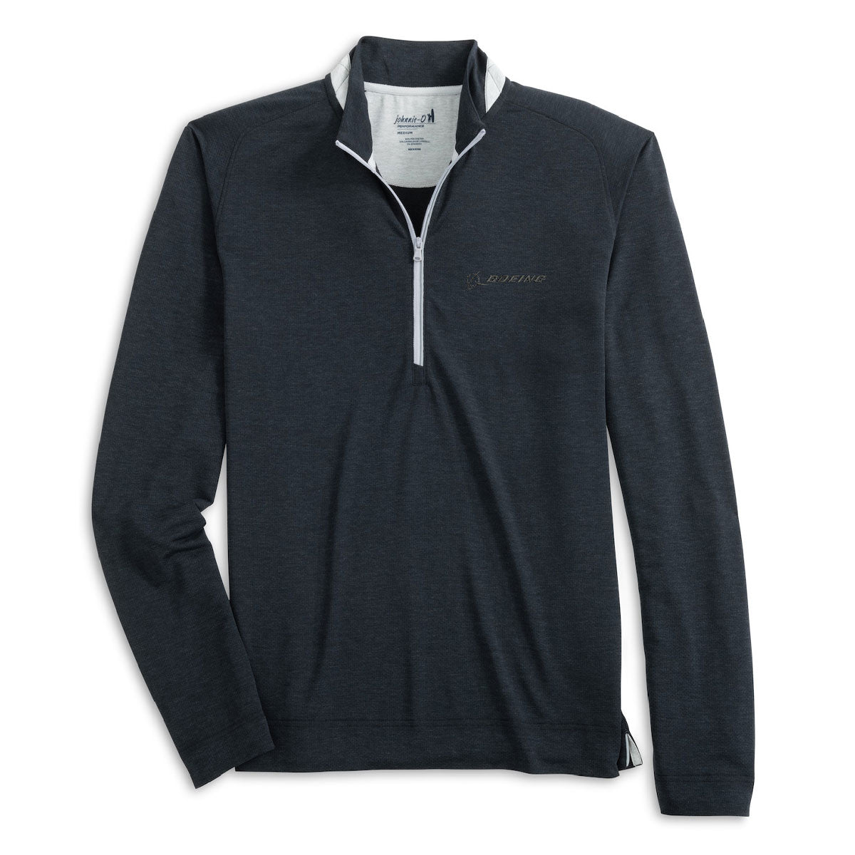 The johnnie-O Boeing Men’s Brewer Performance Quarter-Zip, featuring a dark gray, moisture-wicking fabric with long sleeves and a light gray interior collar, is essential for any golf wardrobe. A subtle Boeing embroidery on the chest complements its sleek light gray zipper contrast.