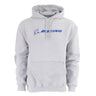 The Boeing Signature Logo Unisex Lux Hoodie by BOEING is a light gray, regular fit hoodie featuring a front pocket and the blue Boeing logo on the chest.