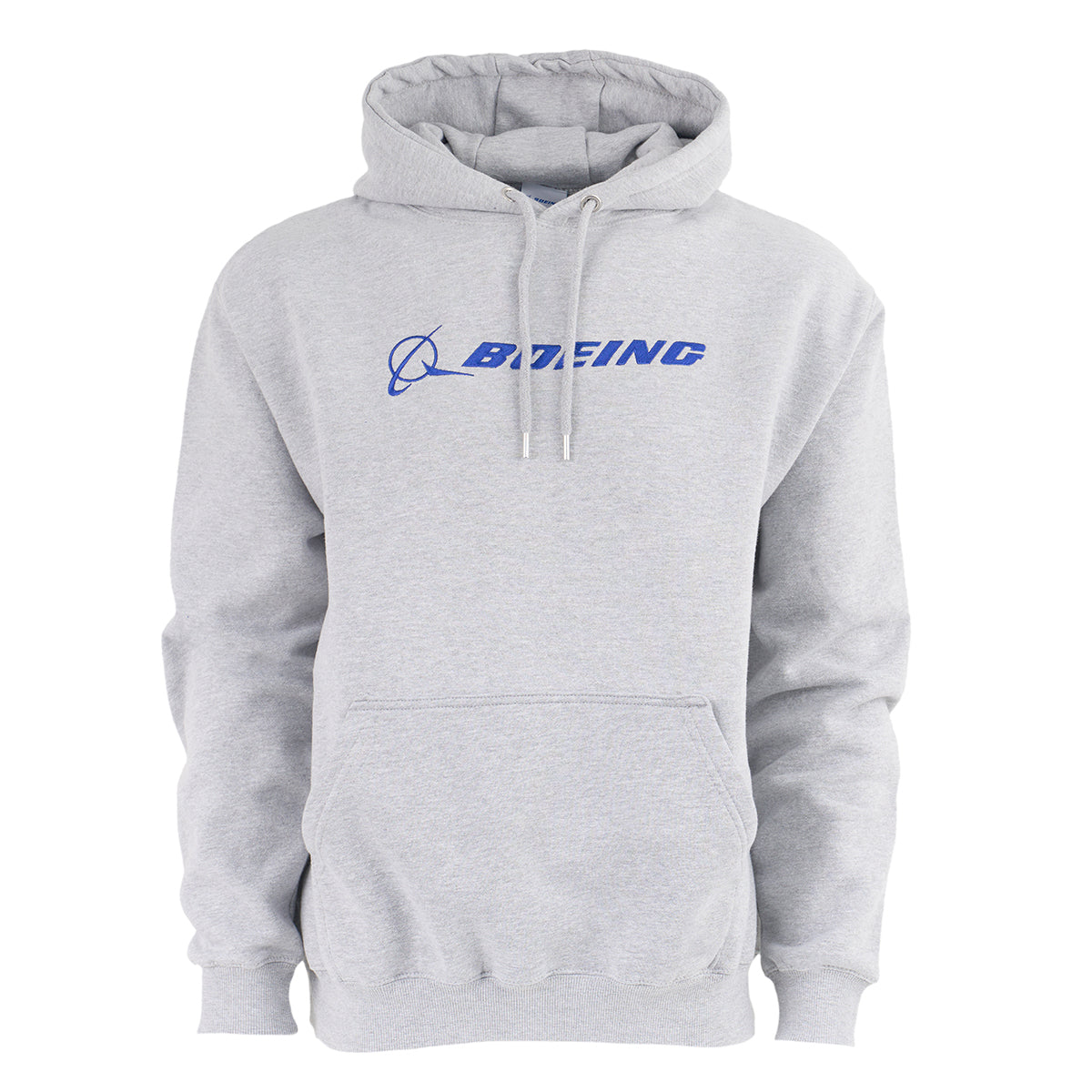 The Boeing Signature Logo Unisex Lux Hoodie by BOEING is a light gray, regular fit hoodie featuring a front pocket and the blue Boeing logo on the chest.