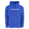 The Boeing Signature Logo Unisex Lux Hoodie by BOEING is a bright blue, regular-fit hoodie with a front pocket, white drawstrings, and the BOEING name plus stylized logo in white on the chest.