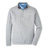 A light gray Peter Millar Boeing Men's Ardent Air Performance Quarter-Zip with a collar and Boeing logo on the left chest is styled over a blue and white striped collared shirt, visible at the neckline.