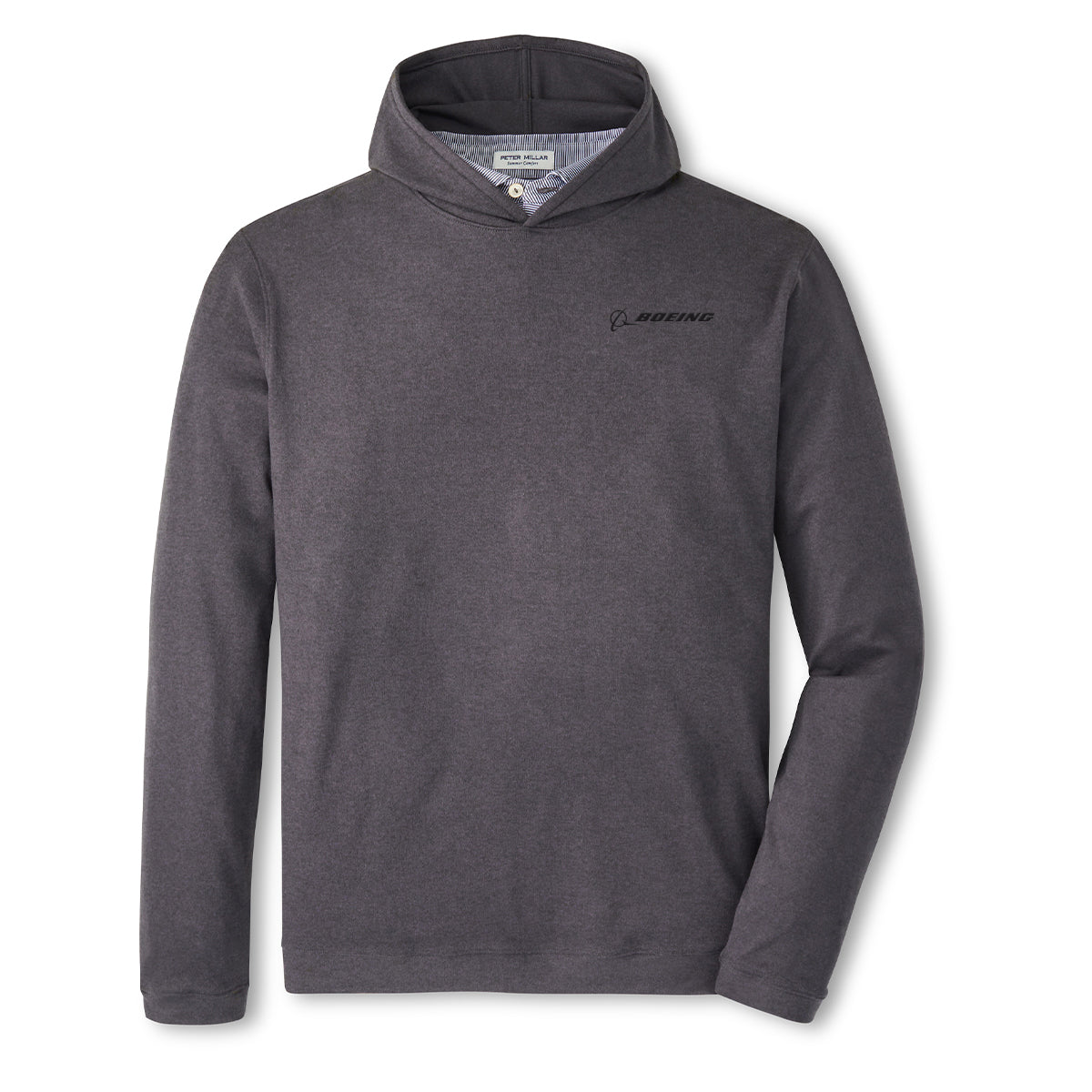 The Peter Millar Boeing Men’s Ardent Air Performance Hoodie by BOEING is a long-sleeve, dark gray stretch ribbed fleece hoodie with a black Boeing logo on the left chest, subtle front pocket, and high collar for casual comfort.