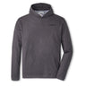 The Peter Millar Boeing Men’s Ardent Air Performance Hoodie by BOEING is a long-sleeve, dark gray stretch ribbed fleece hoodie with a black Boeing logo on the left chest, subtle front pocket, and high collar for casual comfort.
