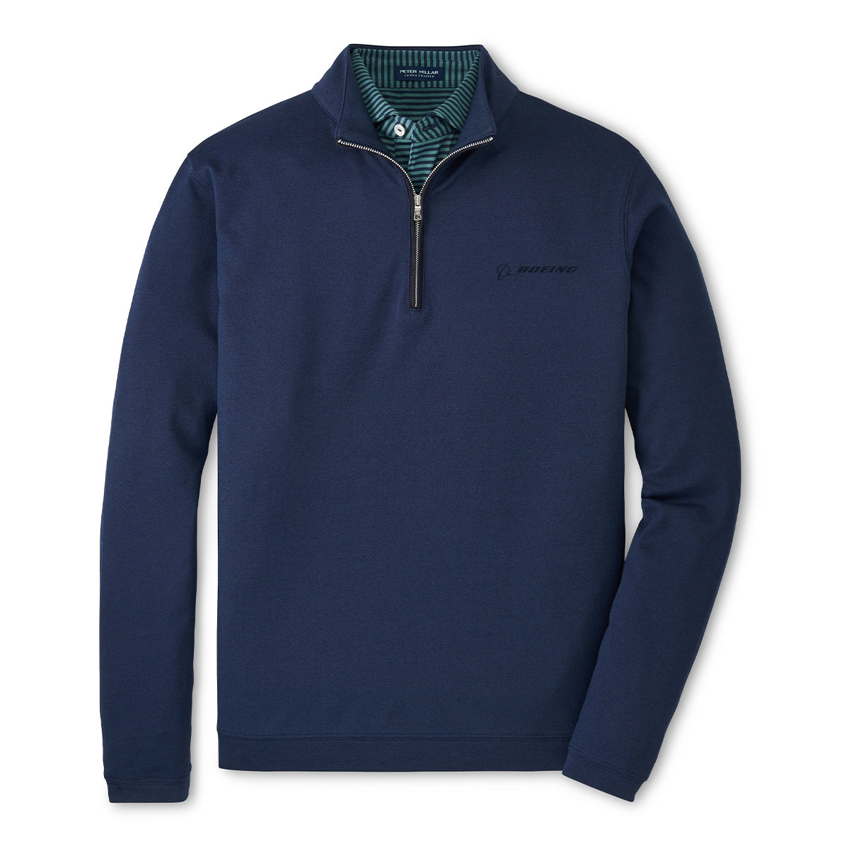 The Peter Millar Boeing Men’s Albatross Quarter-Zip is a navy blue midlayer with long sleeves, moisture-wicking fabric, a striped inner collar, and a subtle Boeing logo on the left chest.