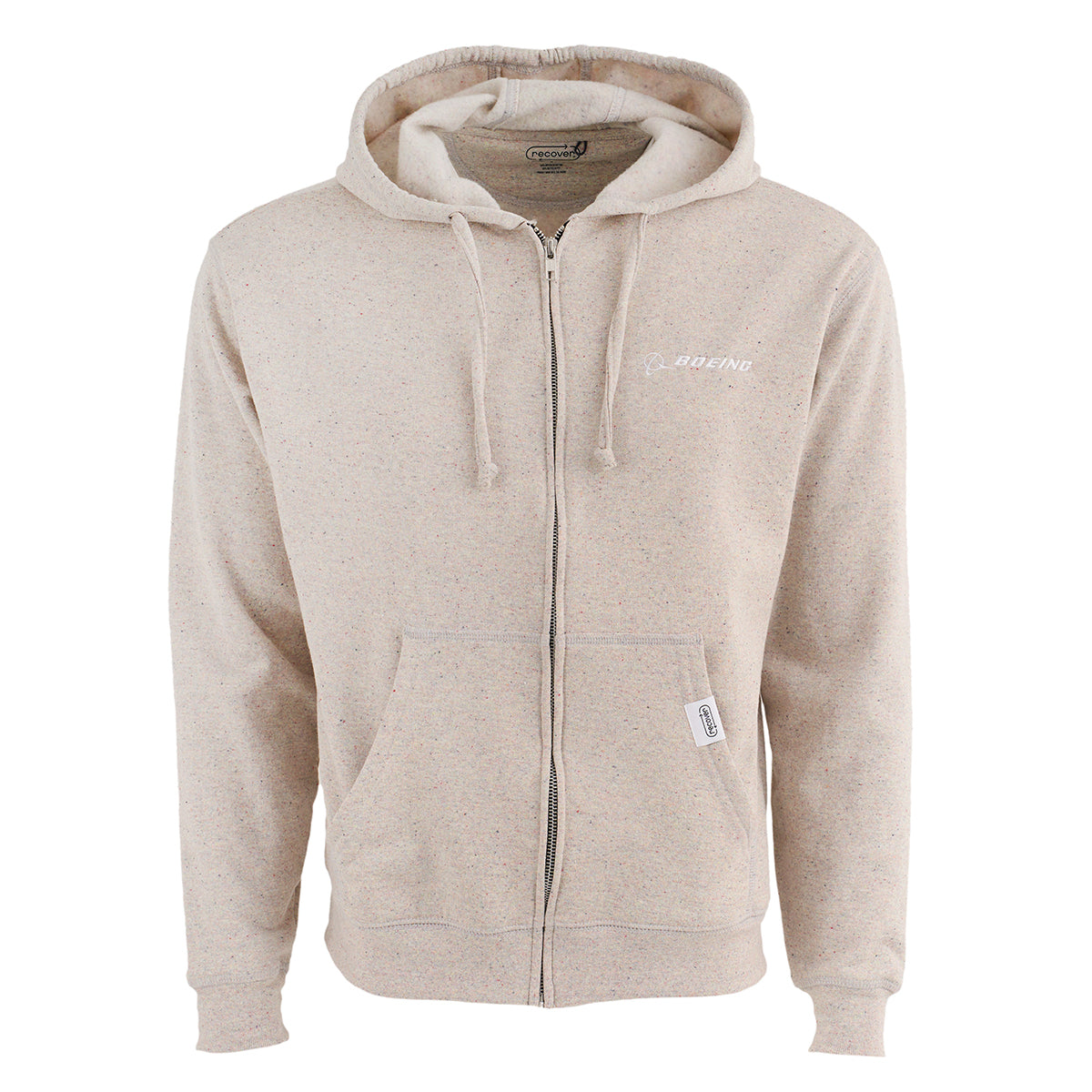 The Boeing Signature Recover Unisex Hoodie by BOEING is a beige, eco-friendly hoodie made from recycled PET. It features a hood, drawstrings, front pockets, and a small white Boeing logo on the left chest. Displayed on a white background.
