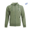 The Boeing Signature Recover Unisex Hoodie by BOEING is an eco-friendly green hoodie made from recycled PET, with front pockets, a drawstring hood, and a small Boeing logo on the left chest. A blue leaf icon highlights its sustainability.