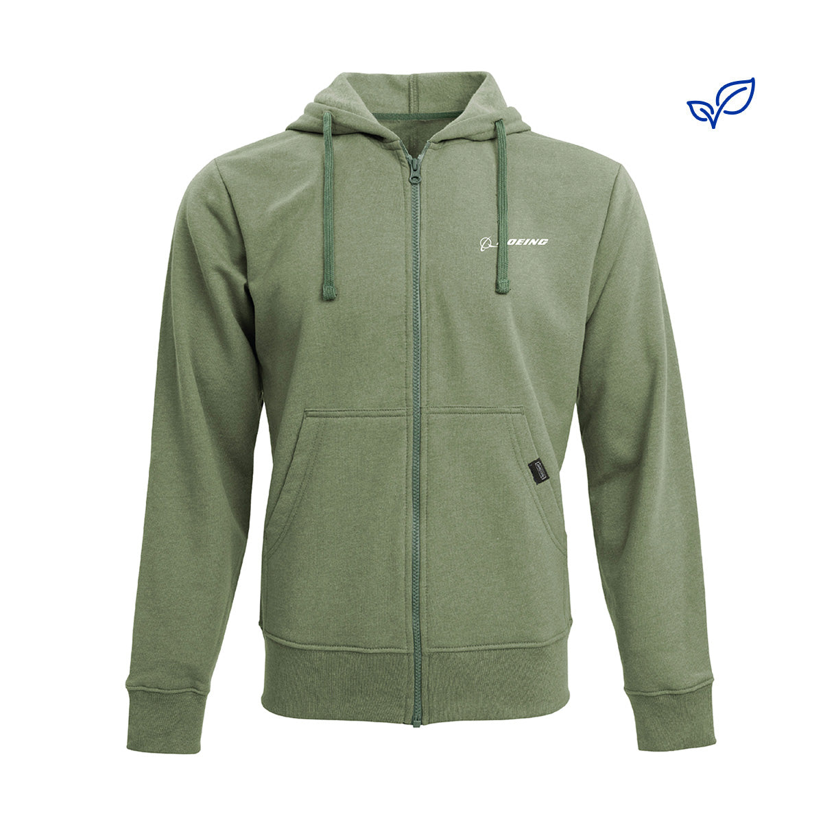 The Boeing Signature Recover Unisex Hoodie by BOEING is an eco-friendly green hoodie made from recycled PET, with front pockets, a drawstring hood, and a small Boeing logo on the left chest. A blue leaf icon highlights its sustainability.