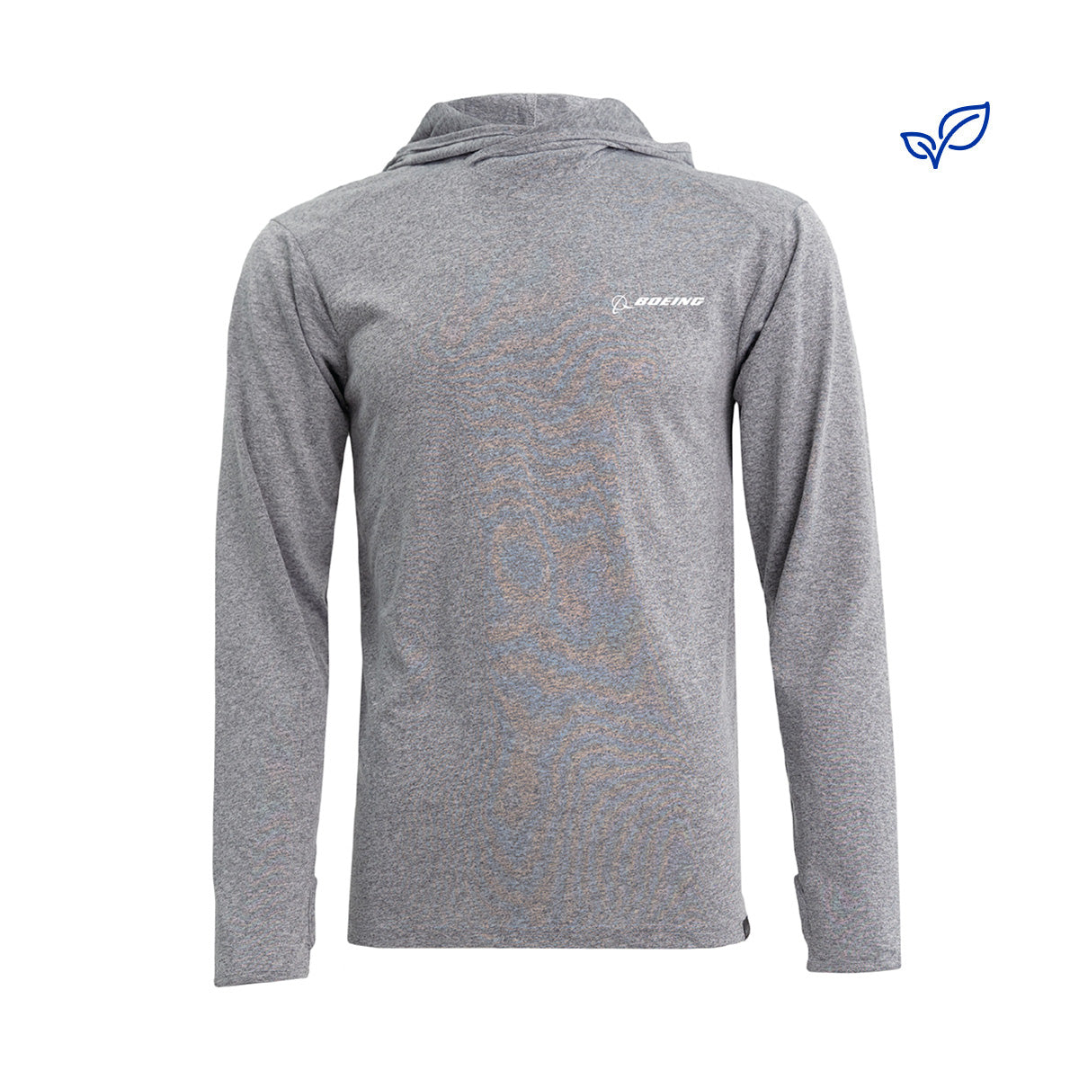 The Boeing Men's Signature Sport Sun Hoodie by BOEING is a gray, long-sleeve hooded shirt featuring the Boeing logo on the chest. Made of moisture-wicking fabric, it’s shown on a white background with a small blue leaf icon in the top right corner.