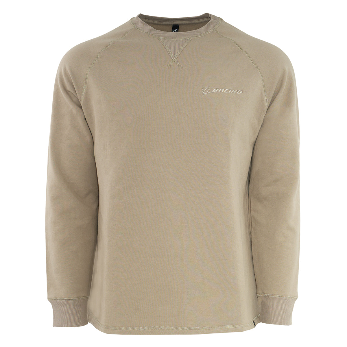 The Glyder Boeing Men’s Dakota Crewneck is a khaki long-sleeve French terry sweatshirt with ribbed cuffs and hem, featuring the BOEING name and logo embroidered in white on the left chest.